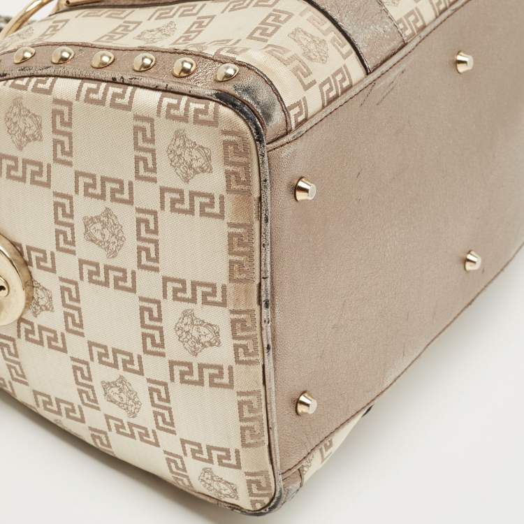 Pre Owned Versace Pale Gold/Beige Signature Fabric and Leather Snap Out Of It Satchel