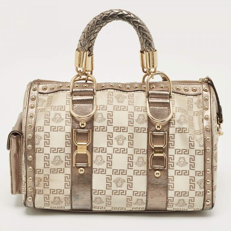 Pre Owned Versace Pale Gold/Beige Signature Fabric and Leather Snap Out Of It Satchel