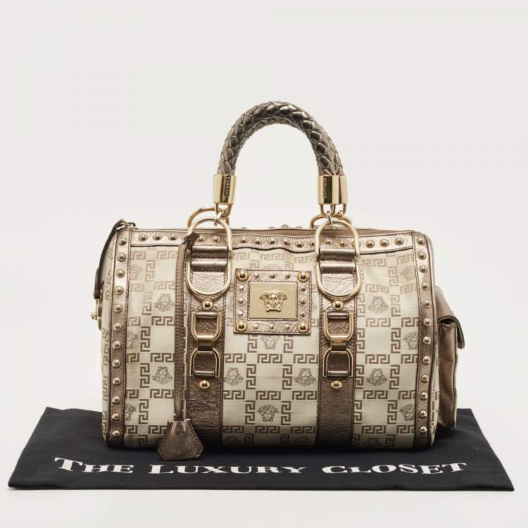 Pre Owned Versace Pale Gold/Beige Signature Fabric and Leather Snap Out Of It Satchel