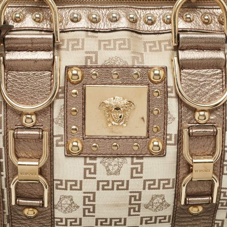 Pre Owned Versace Pale Gold/Beige Signature Fabric and Leather Snap Out Of It Satchel