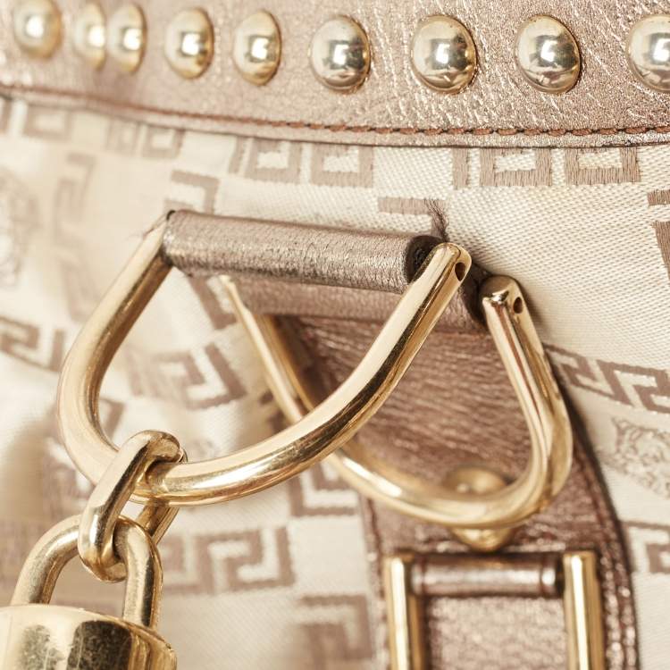 Pre Owned Versace Pale Gold/Beige Signature Fabric and Leather Snap Out Of It Satchel