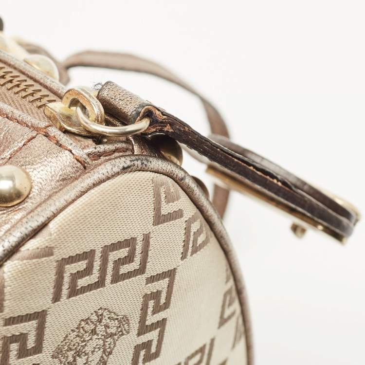 Pre Owned Versace Pale Gold/Beige Signature Fabric and Leather Snap Out Of It Satchel