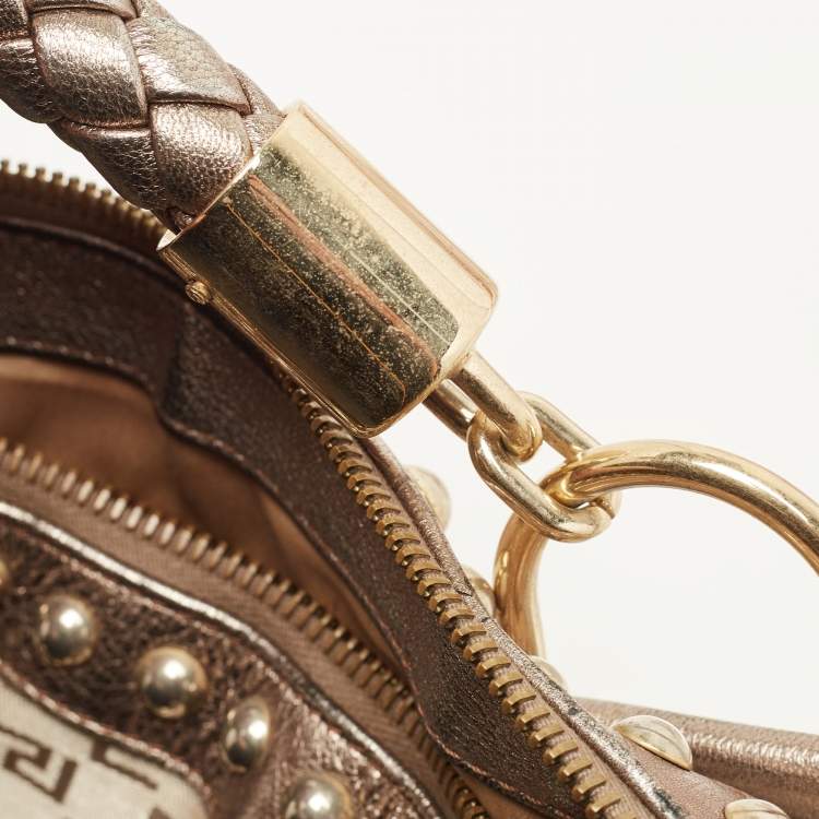 Pre Owned Versace Pale Gold/Beige Signature Fabric and Leather Snap Out Of It Satchel