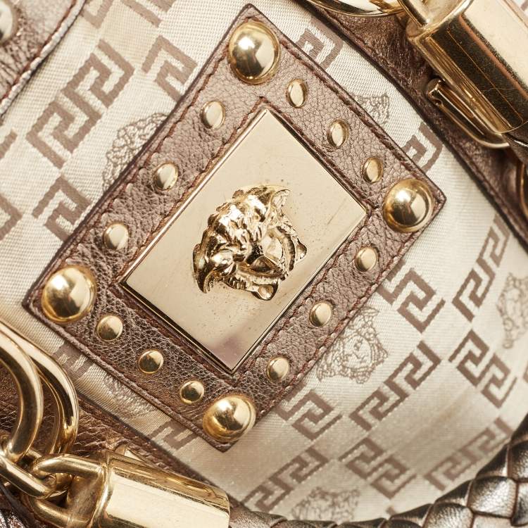 Pre Owned Versace Pale Gold/Beige Signature Fabric and Leather Snap Out Of It Satchel