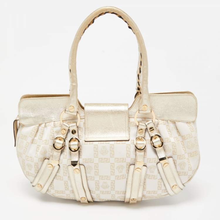 Pre Owned Versace Gold Signature Fabric and Leather Medusa Satchel
