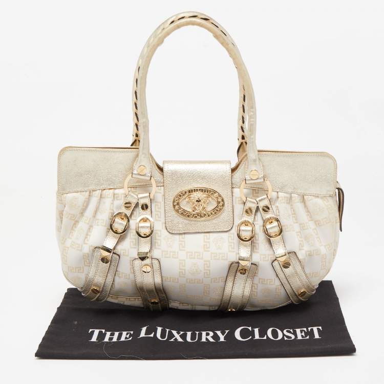 Pre Owned Versace Gold Signature Fabric and Leather Medusa Satchel