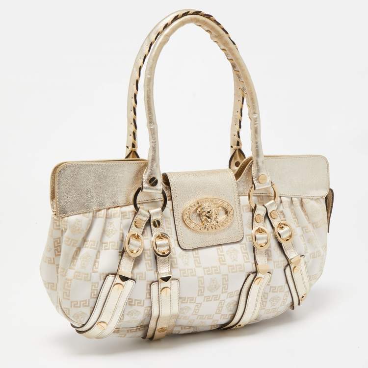 Pre Owned Versace Gold Signature Fabric and Leather Medusa Satchel