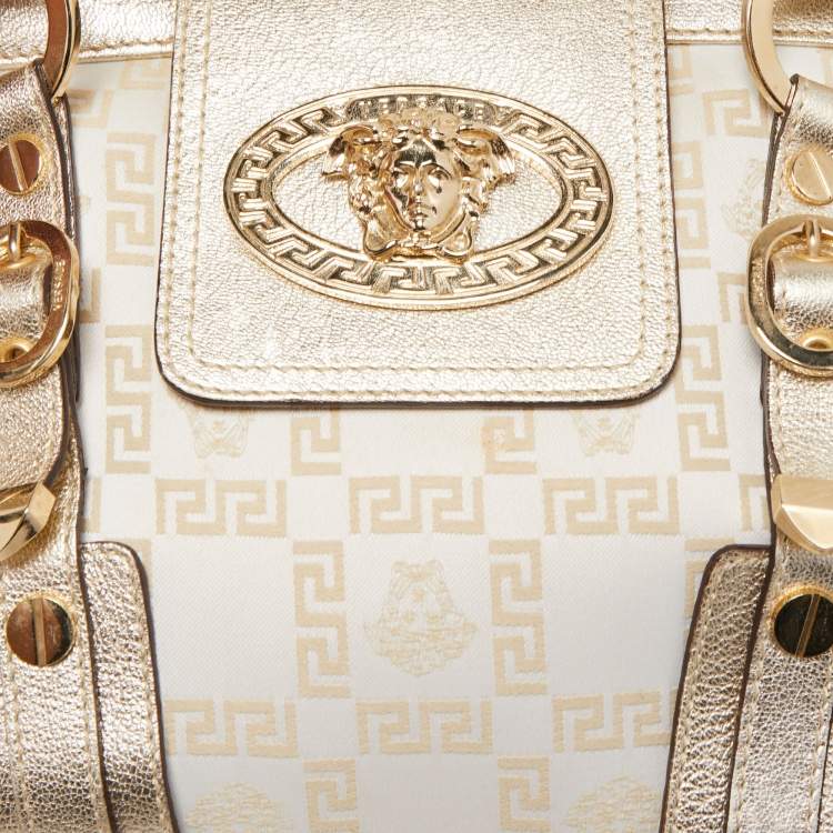 Pre Owned Versace Gold Signature Fabric and Leather Medusa Satchel