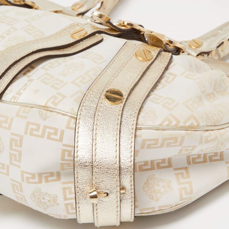 Pre Owned Versace Gold Signature Fabric and Leather Medusa Satchel