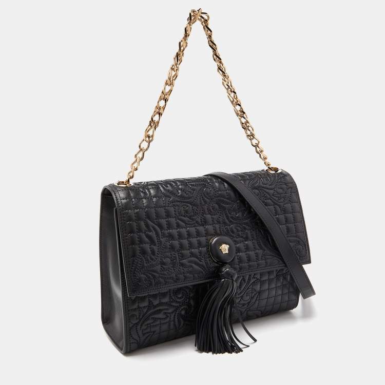 Pre Owned Versace Black Leather Tassel Medusa Shoulder Bag