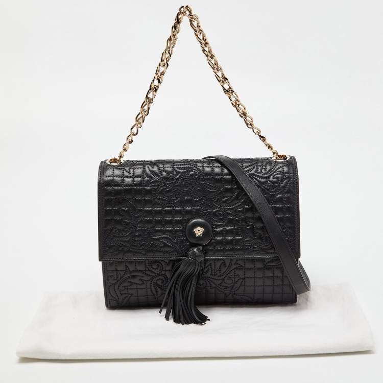 Pre Owned Versace Black Leather Tassel Medusa Shoulder Bag