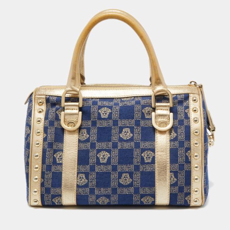 Pre Owned Versace Gold/Blue Monogram Fabric and Leather Studded Snap Out Of It Satchel