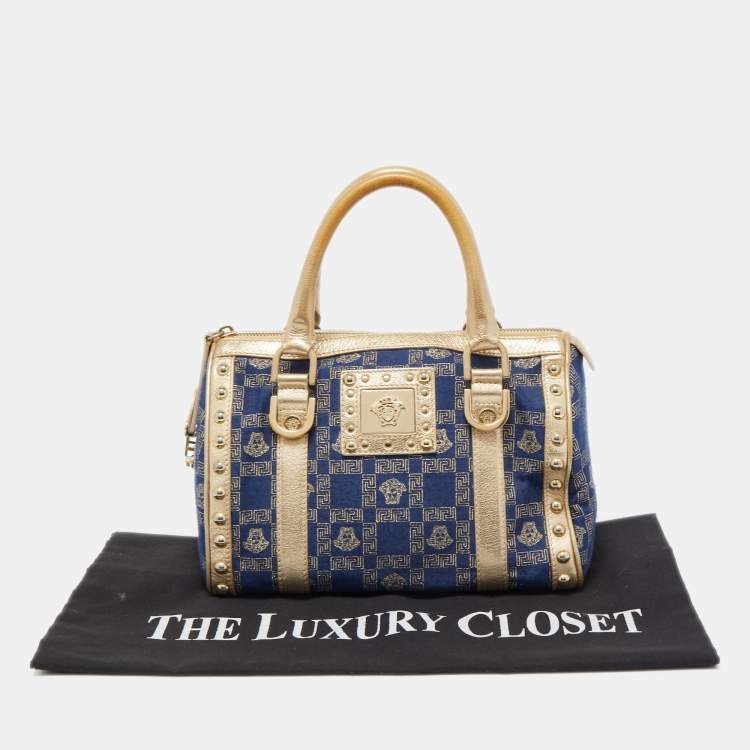 Pre Owned Versace Gold/Blue Monogram Fabric and Leather Studded Snap Out Of It Satchel