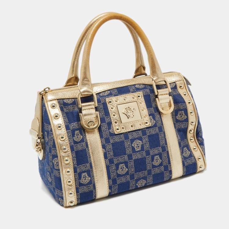 Pre Owned Versace Gold/Blue Monogram Fabric and Leather Studded Snap Out Of It Satchel