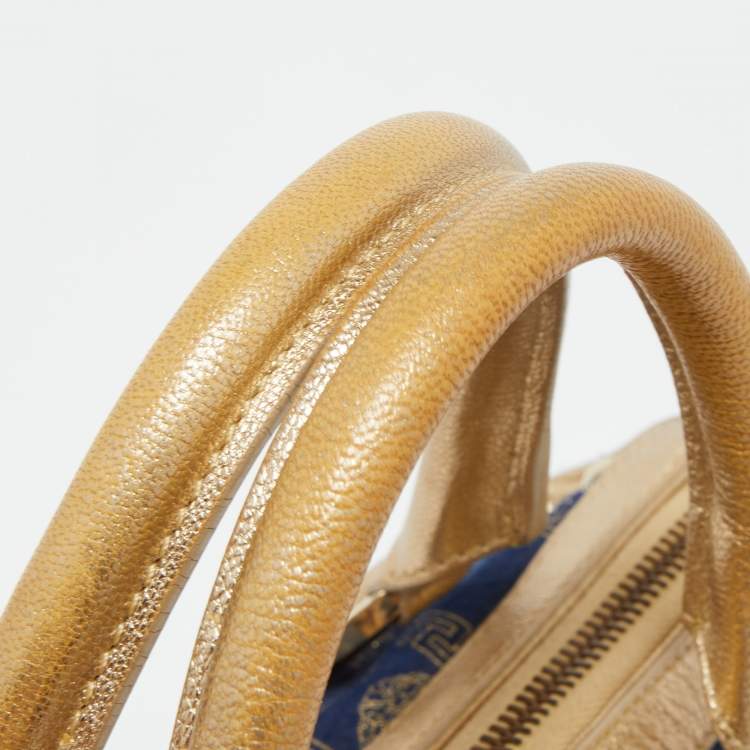 Pre Owned Versace Gold/Blue Monogram Fabric and Leather Studded Snap Out Of It Satchel
