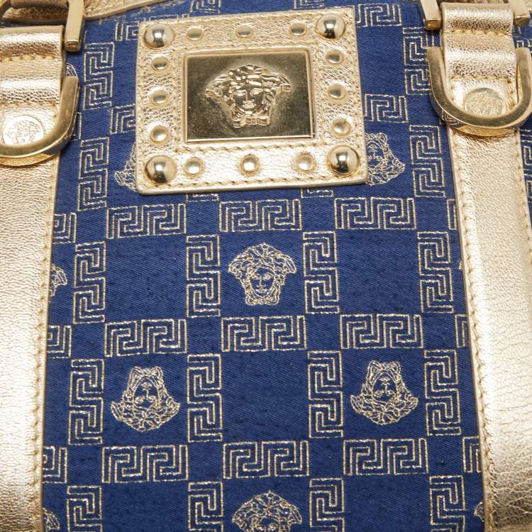 Pre Owned Versace Gold/Blue Monogram Fabric and Leather Studded Snap Out Of It Satchel