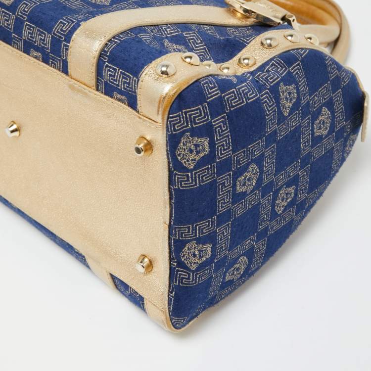 Pre Owned Versace Gold/Blue Monogram Fabric and Leather Studded Snap Out Of It Satchel