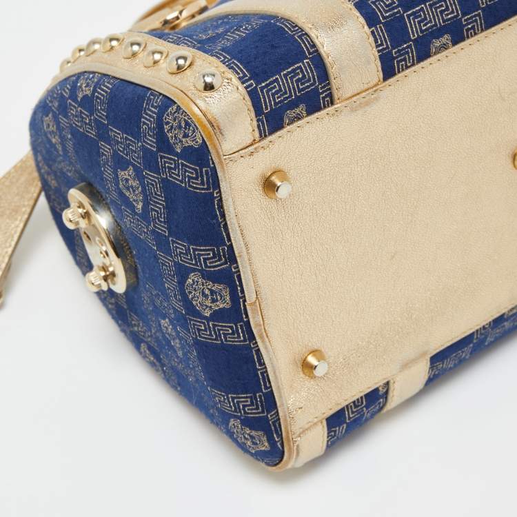 Pre Owned Versace Gold/Blue Monogram Fabric and Leather Studded Snap Out Of It Satchel