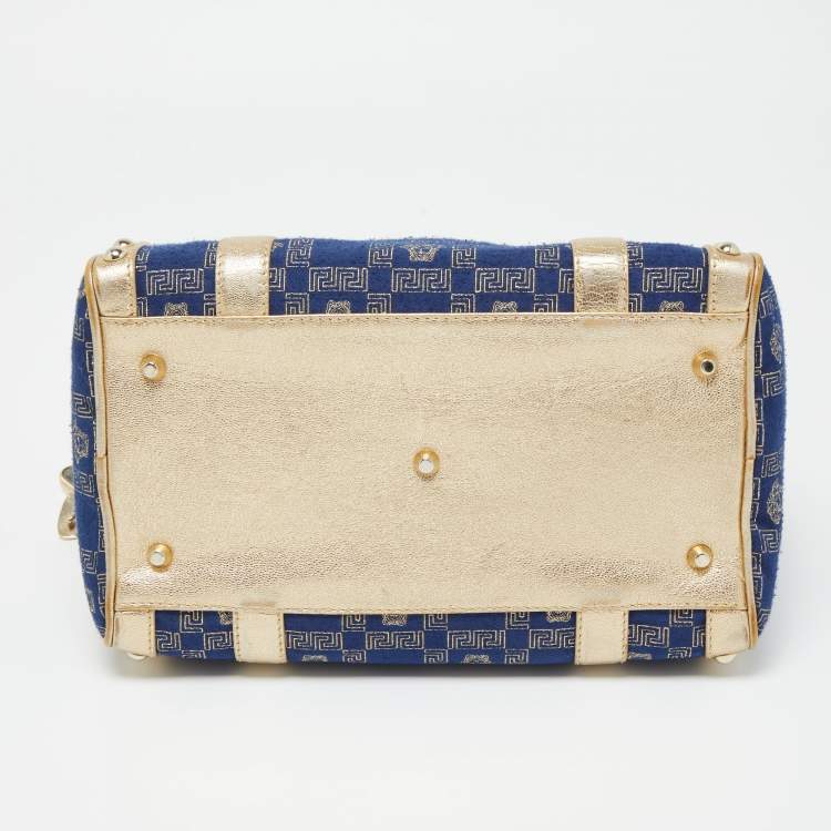 Pre Owned Versace Gold/Blue Monogram Fabric and Leather Studded Snap Out Of It Satchel