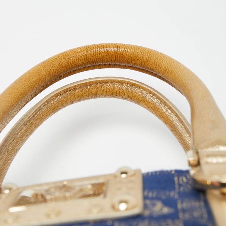 Pre Owned Versace Gold/Blue Monogram Fabric and Leather Studded Snap Out Of It Satchel