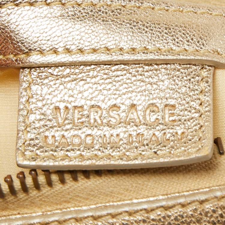 Pre Owned Versace Gold/Blue Monogram Fabric and Leather Studded Snap Out Of It Satchel