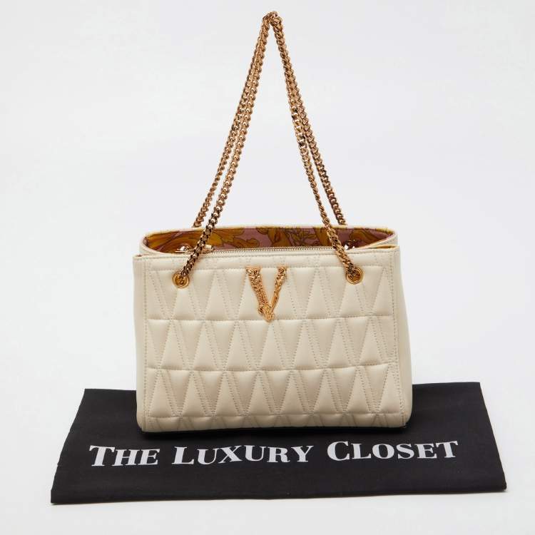 Pre Owned Versace Beige Quilted Leather Virtus Chain Tote