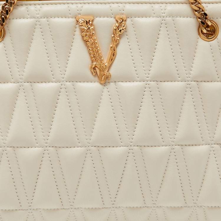 Pre Owned Versace Beige Quilted Leather Virtus Chain Tote