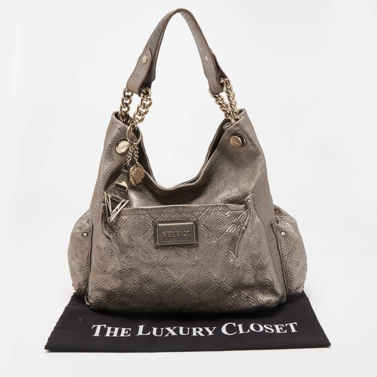 Pre Owned Versace Metallic Embossed Leather Front Pocket Shoulder Bag