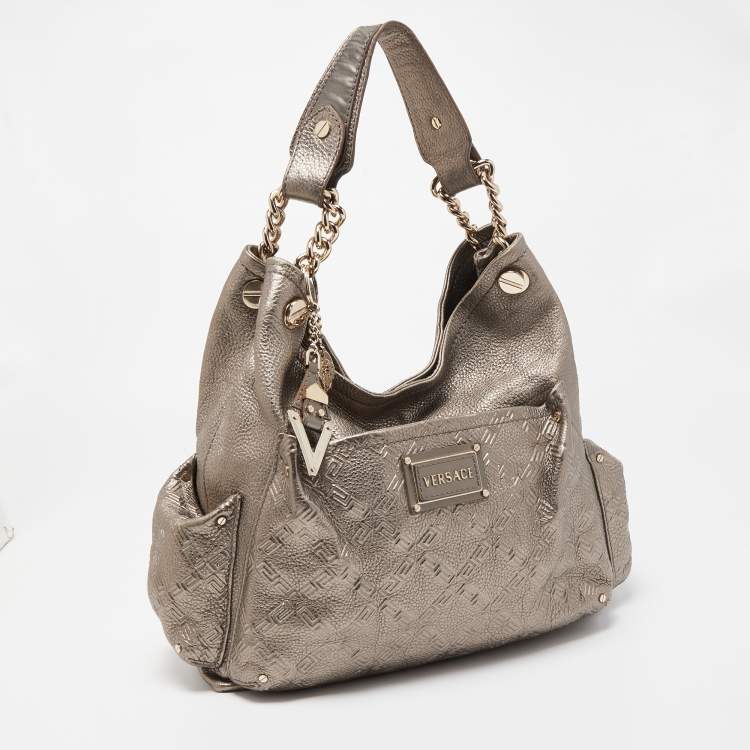Pre Owned Versace Metallic Embossed Leather Front Pocket Shoulder Bag