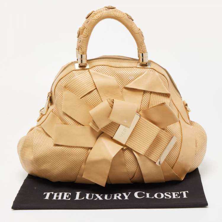 Pre Owned Versace Beige Perforated Leather Venita Bow Satchel 