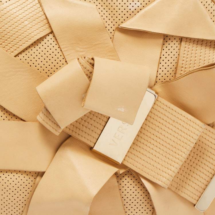 Pre Owned Versace Beige Perforated Leather Venita Bow Satchel 