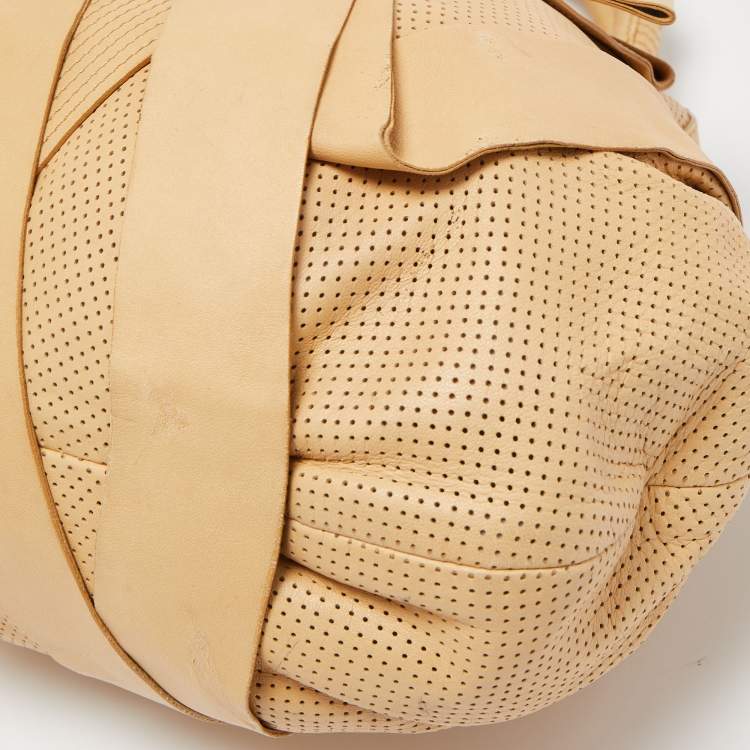 Pre Owned Versace Beige Perforated Leather Venita Bow Satchel 
