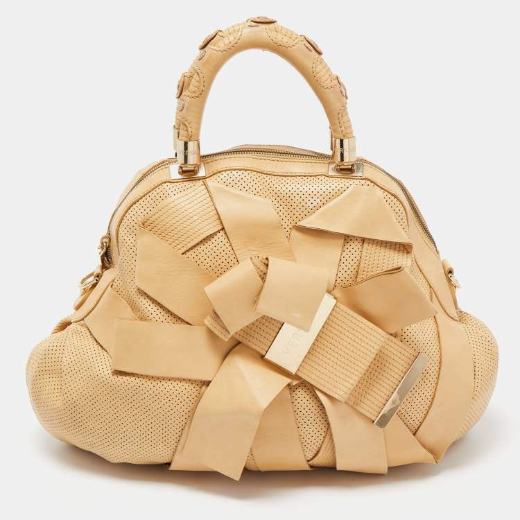 Pre Owned Versace Beige Perforated Leather Venita Bow Satchel 