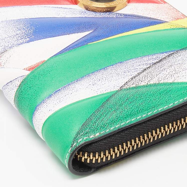 Pre Owned Versace Multicolor Print Leather Zip Around Wallet 