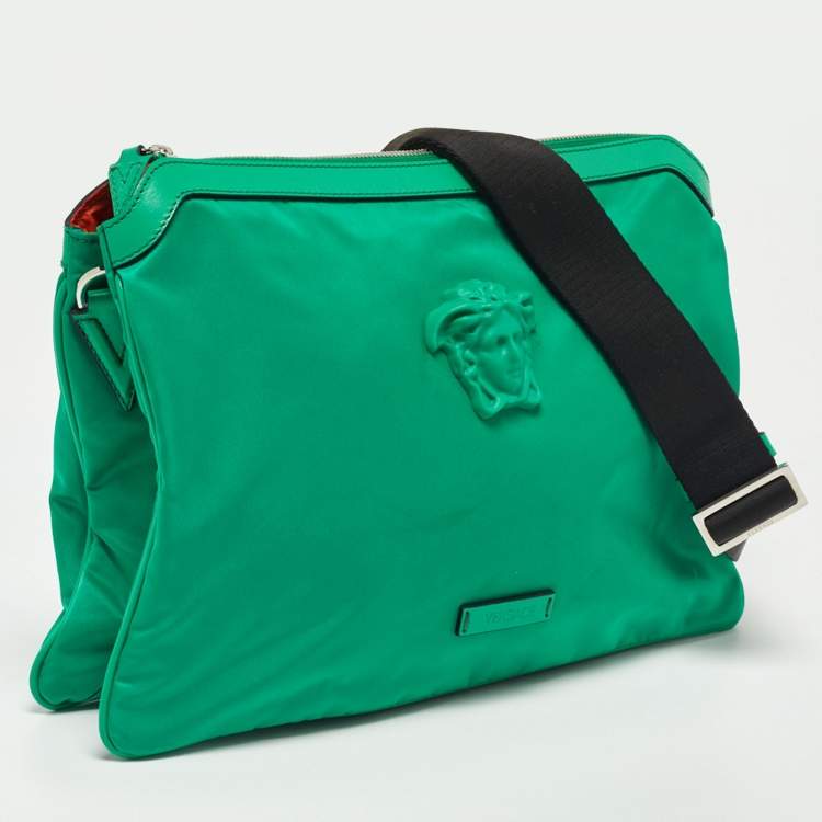 Pre Owned Versace Green Nylon and Leather Medusa Crossbody Bag