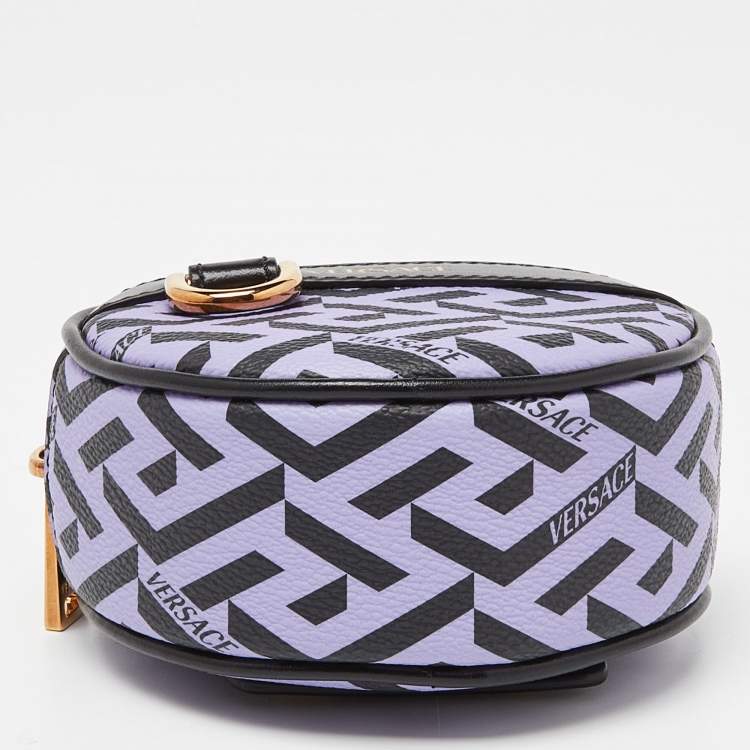 Pre Owned Versace Purple/Black La Greca Coated Canvas and Leather Round Zip Pouch