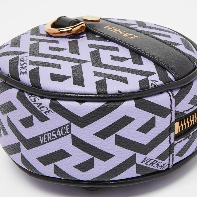 Pre Owned Versace Purple/Black La Greca Coated Canvas and Leather Round Zip Pouch