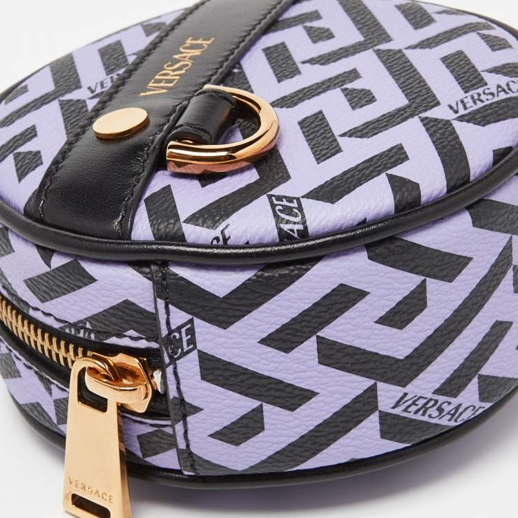 Pre Owned Versace Purple/Black La Greca Coated Canvas and Leather Round Zip Pouch