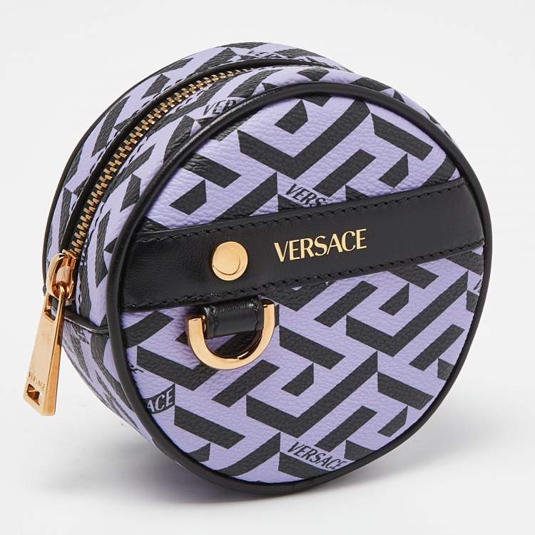 Pre Owned Versace Purple/Black La Greca Coated Canvas and Leather Round Zip Pouch