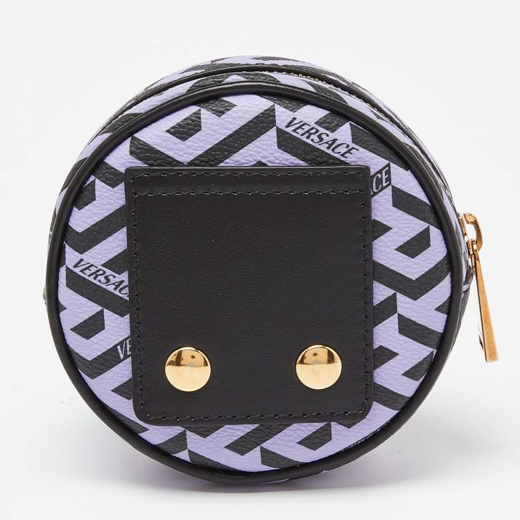 Pre Owned Versace Purple/Black La Greca Coated Canvas and Leather Round Zip Pouch