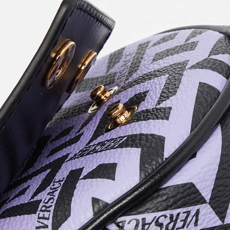 Pre Owned Versace Purple/Black La Greca Coated Canvas and Leather Round Zip Pouch