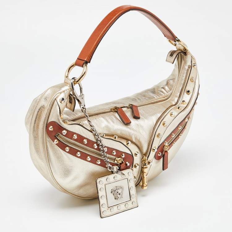 Pre Owned Versace Gold/Brown Leather Studded Front Pocket Bag