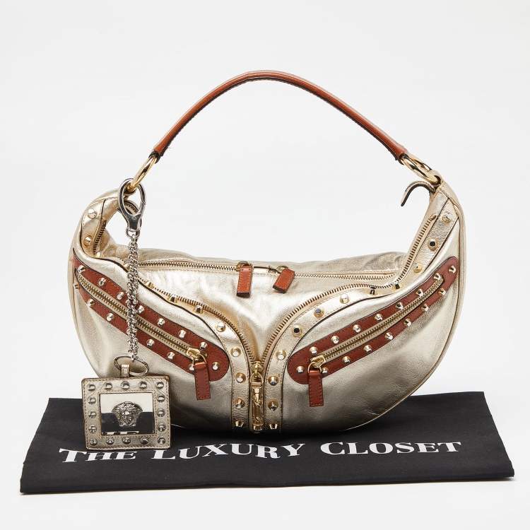 Pre Owned Versace Gold/Brown Leather Studded Front Pocket Bag