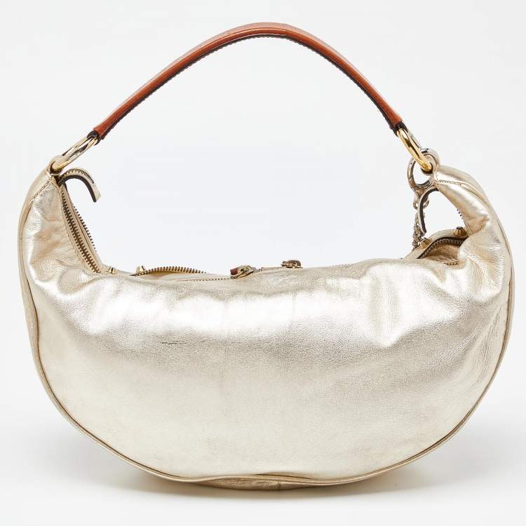 Pre Owned Versace Gold/Brown Leather Studded Front Pocket Bag