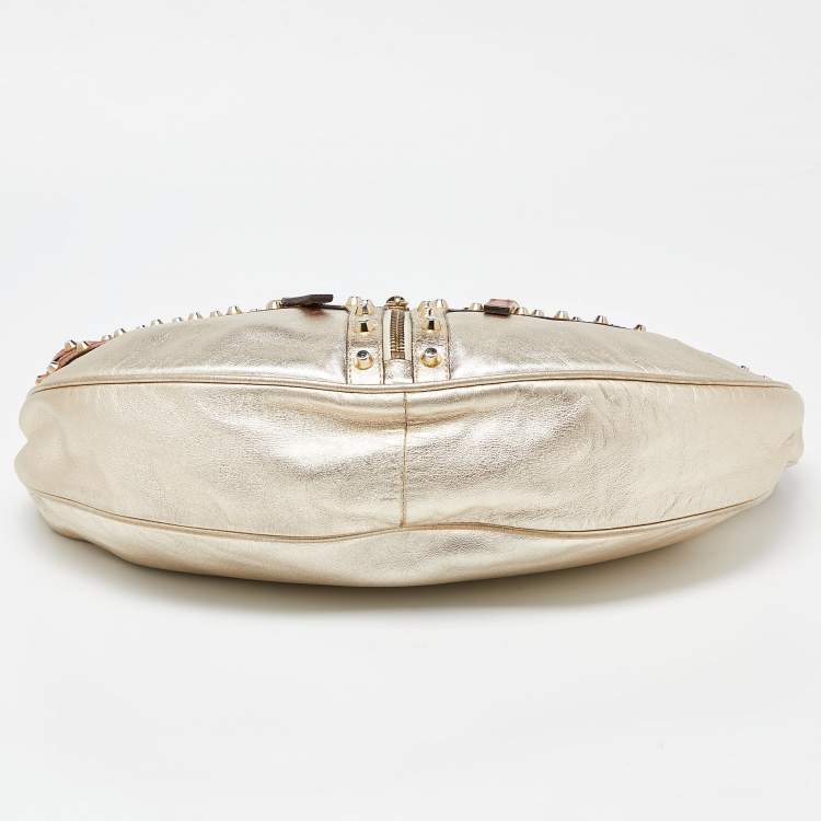 Pre Owned Versace Gold/Brown Leather Studded Front Pocket Bag