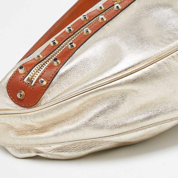 Pre Owned Versace Gold/Brown Leather Studded Front Pocket Bag