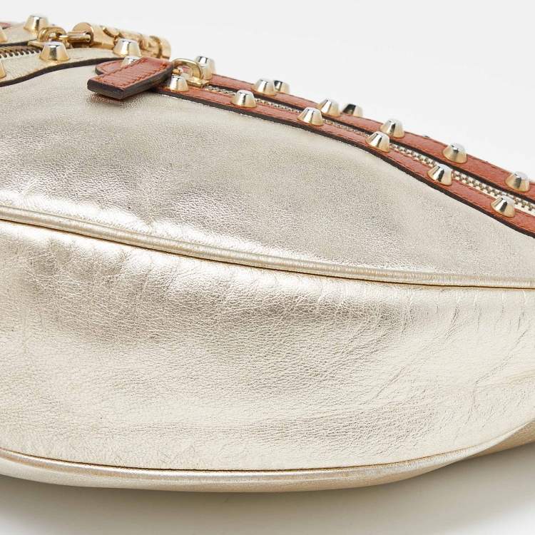 Pre Owned Versace Gold/Brown Leather Studded Front Pocket Bag