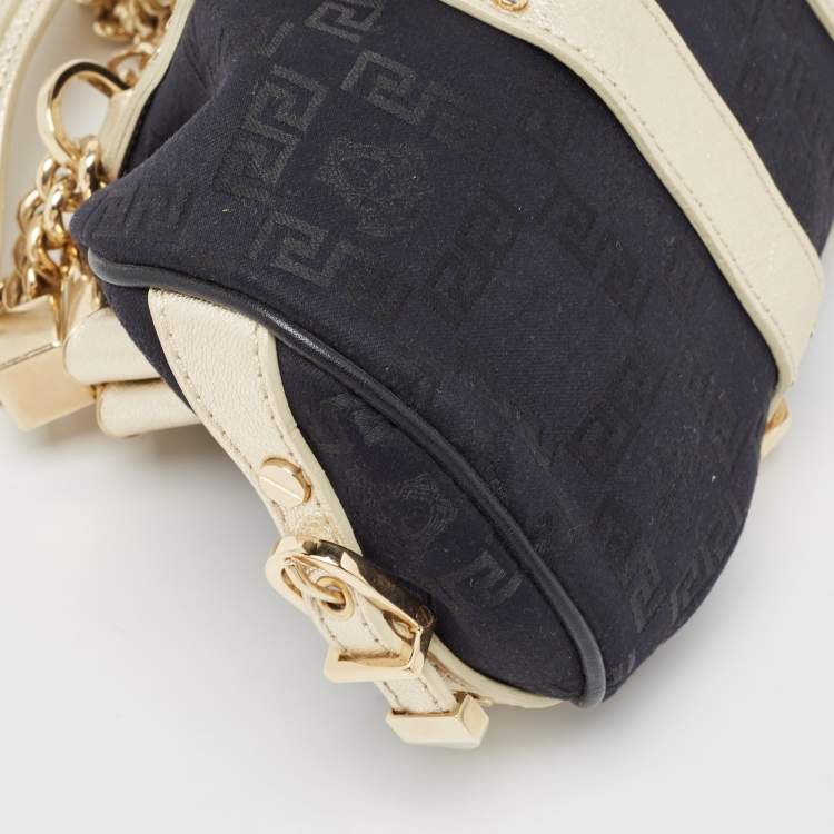 Pre Owned Versace Black/Gold Monogram Fabric and Leather Madonna Framed Satchel