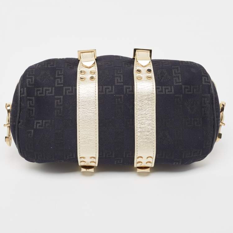 Pre Owned Versace Black/Gold Monogram Fabric and Leather Madonna Framed Satchel