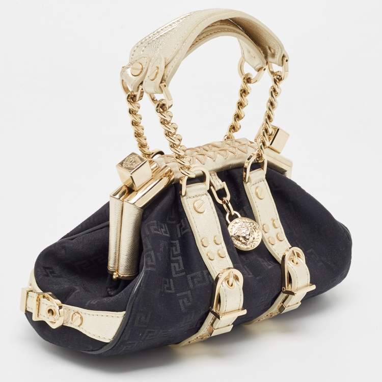 Pre Owned Versace Black/Gold Monogram Fabric and Leather Madonna Framed Satchel